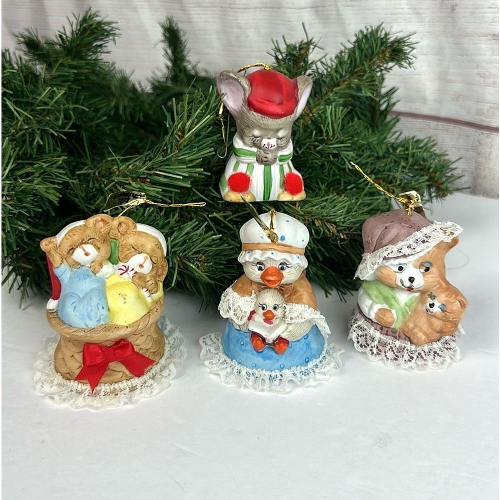 Vintage 4 Jasco L’il Chimers Christmas Ornament Bells Bisque Porcelain